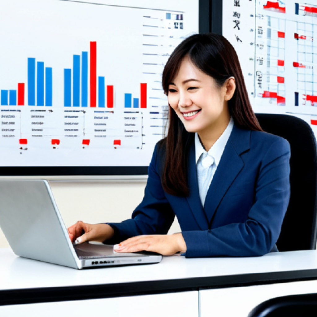**
A bright, modern office scene. A young Japanese woman, wearing a professional, modest business suit (fully clothed, appropriate attire), sits at a clean desk with a laptop displaying a data chart. She is smiling thoughtfully. Behind her, a whiteboard displays a well-organized "PDCA cycle" diagram (written in Japanese). The overall feeling is one of calm efficiency and data-driven decision-making. safe for work, professional, perfect anatomy, correct proportions, natural pose, well-formed hands, proper finger count, natural body proportions, high quality, appropriate content.
**