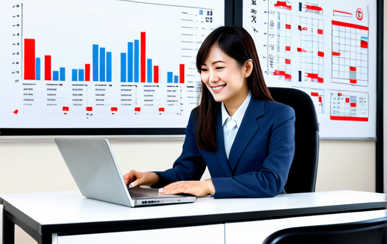 **

A bright, modern office scene. A young Japanese woman, wearing a professional, modest business suit (fully clothed, appropriate attire), sits at a clean desk with a laptop displaying a data chart. She is smiling thoughtfully. Behind her, a whiteboard displays a well-organized "PDCA cycle" diagram (written in Japanese). The overall feeling is one of calm efficiency and data-driven decision-making. safe for work, professional, perfect anatomy, correct proportions, natural pose, well-formed hands, proper finger count, natural body proportions, high quality, appropriate content.

**