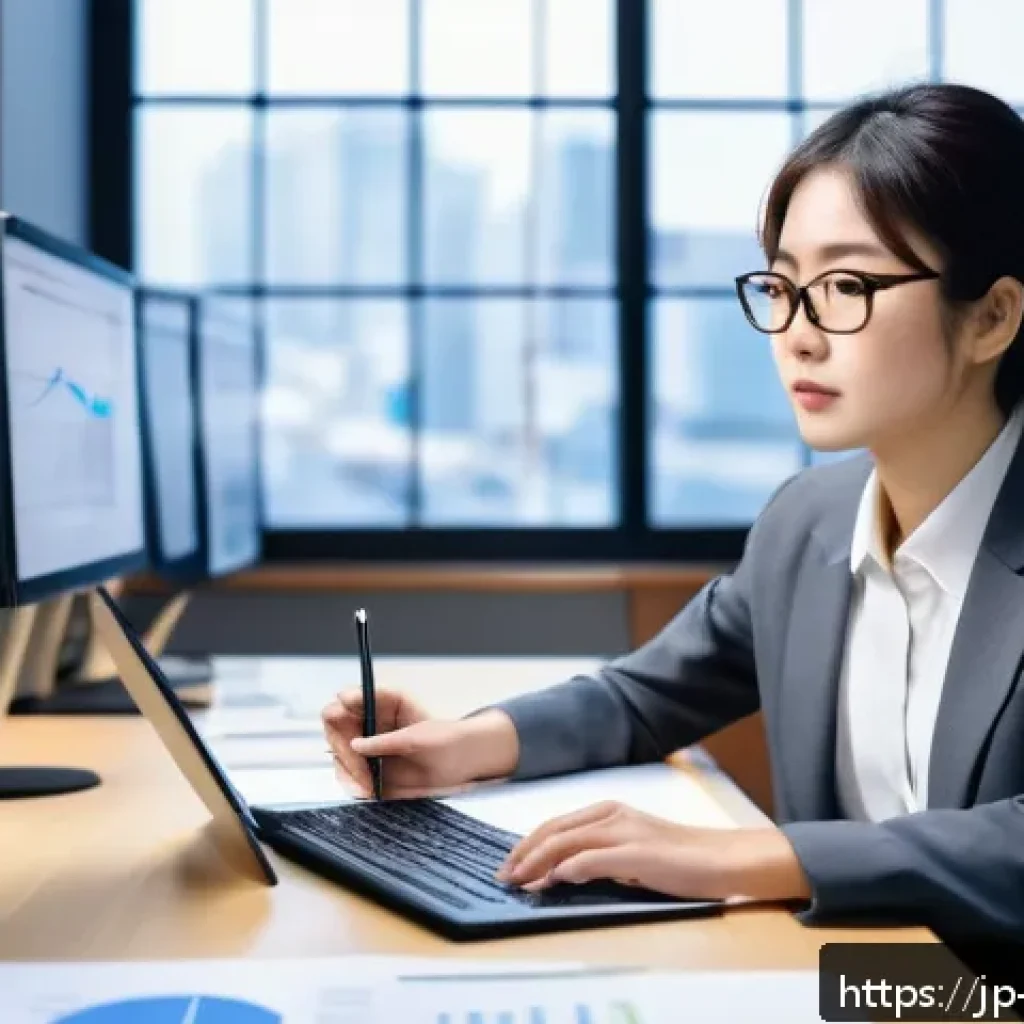과학적 사고방식의 장단점 비교 - A modern Japanese office scene showing a young professional woman calmly analyzing complex data on m...