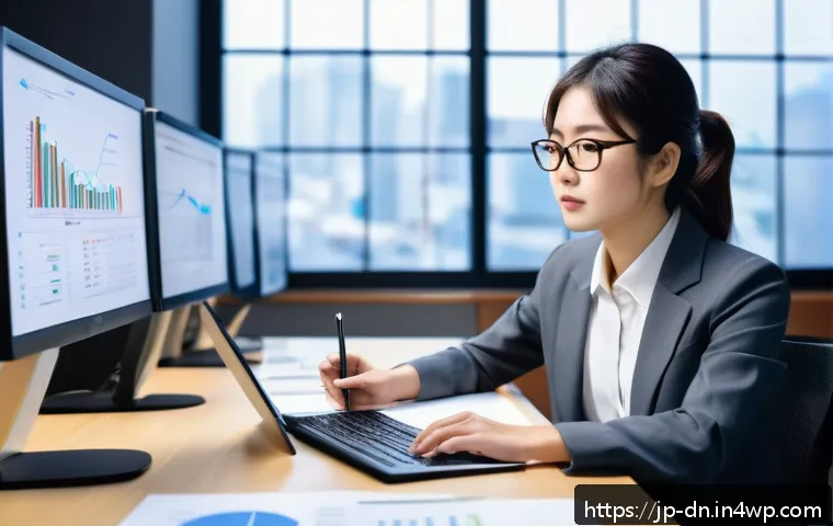 과학적 사고방식의 장단점 비교 - A modern Japanese office scene showing a young professional woman calmly analyzing complex data on m...