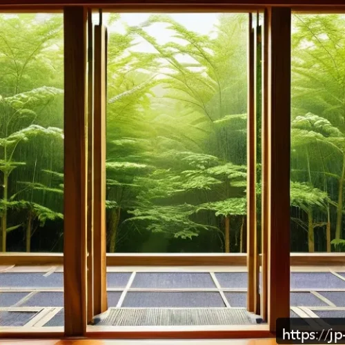 일상에서 과학적 사고를 통한 자아 발견 - A serene Japanese morning scene viewed through a window, sunlight casting delicate refracted light p...