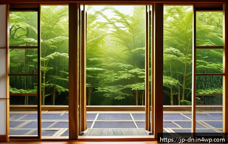 일상에서 과학적 사고를 통한 자아 발견 - A serene Japanese morning scene viewed through a window, sunlight casting delicate refracted light p...