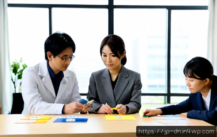 일상에서 과학적 사고로 실천하는 리더십 - Photorealistic Japanese team leader in a bright modern office, calmly guiding a small diverse team a...